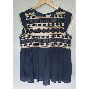 THML‎ Navy Embroidered Peasant Blouse Top Smocked Ruffle Sleeve Women's Small